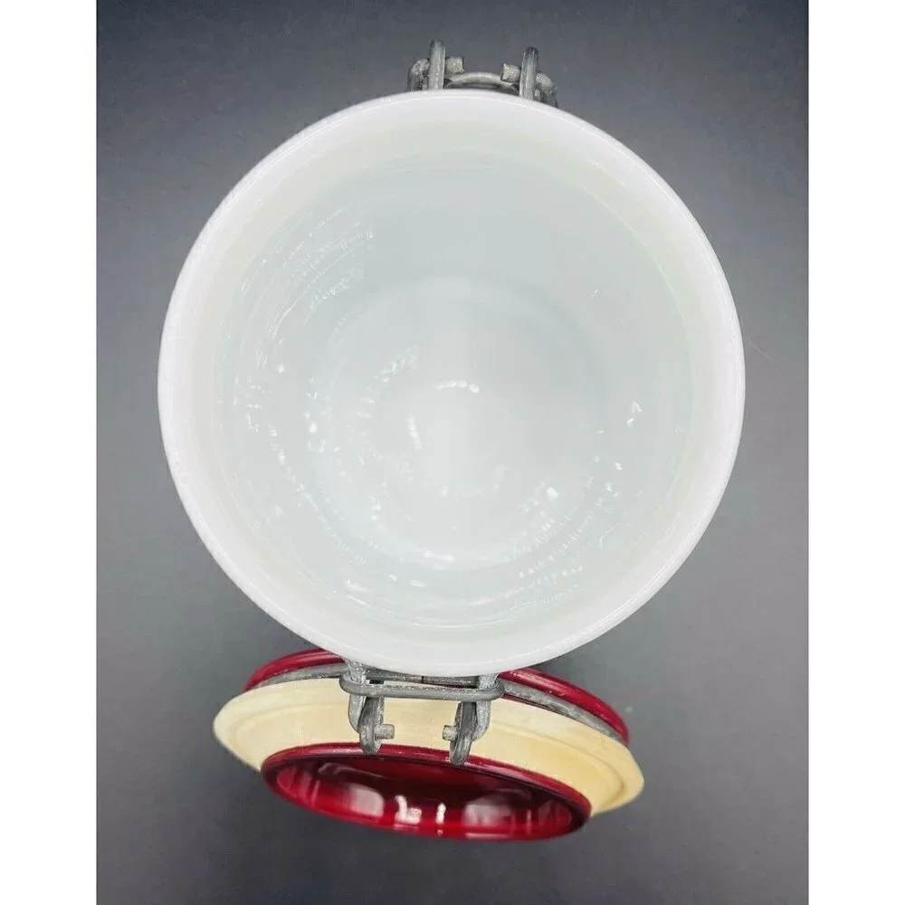 Vintage Wheaton Milk Glass Tea Canister Kitchen Storage White Red Bail Lid 5.75”